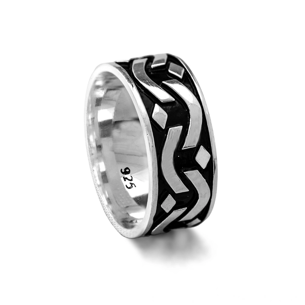 Anel De Prata Envelhecido com Detalhes Espelhados