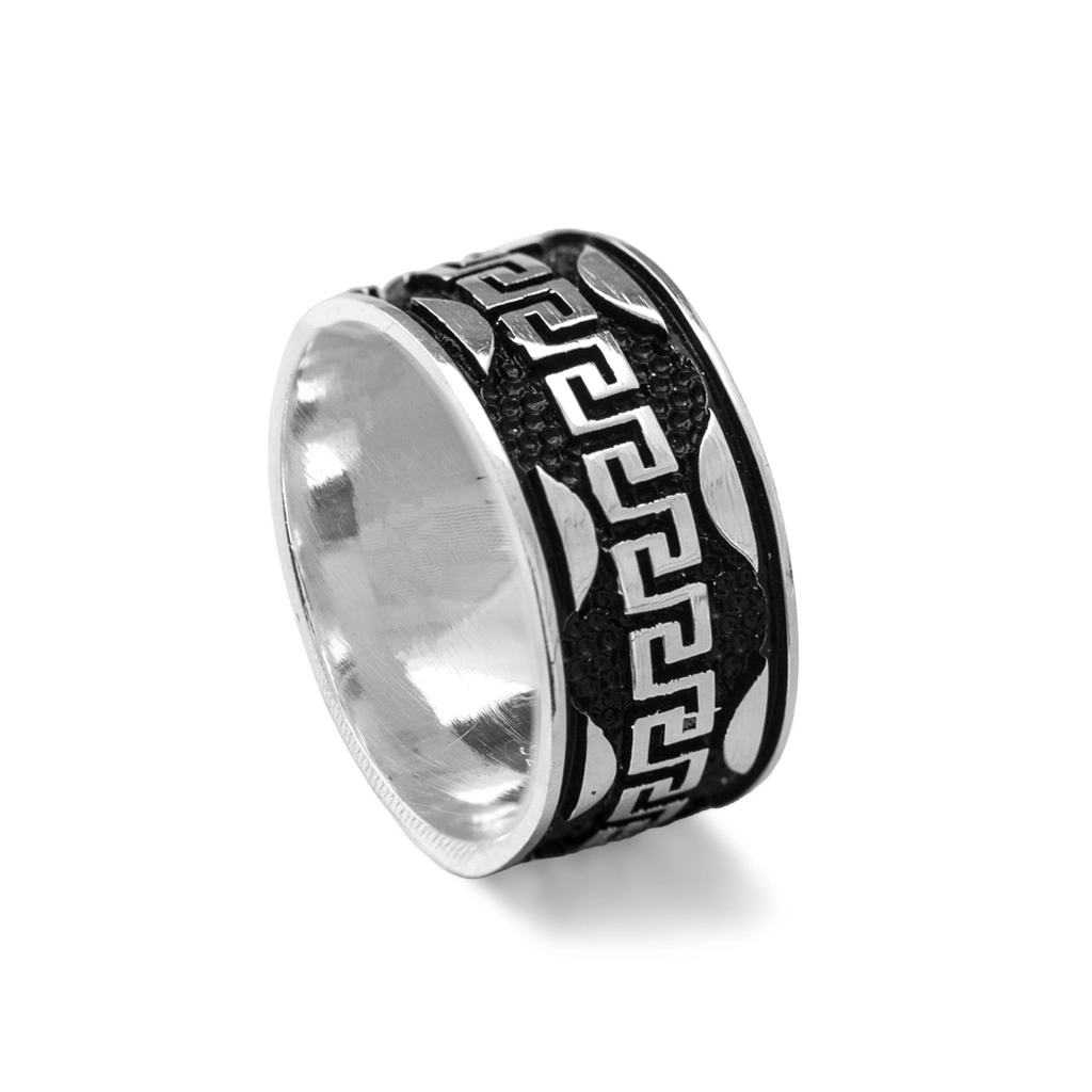 Anel De Prata Envelhecido com Labirinto Espelhado