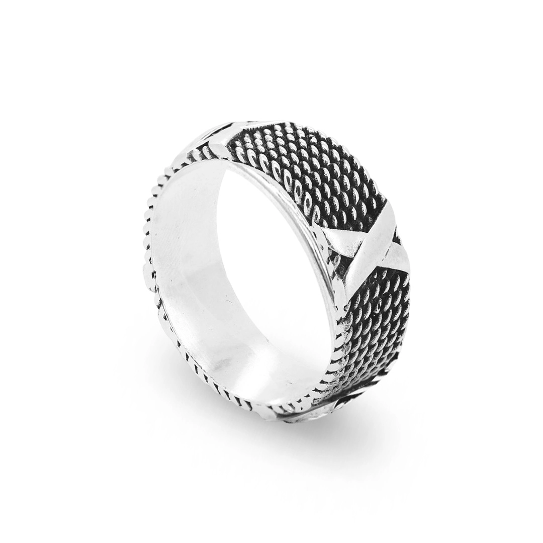 Anel De Prata Masculino Estilo Bali com Detalhe em X Espelhado