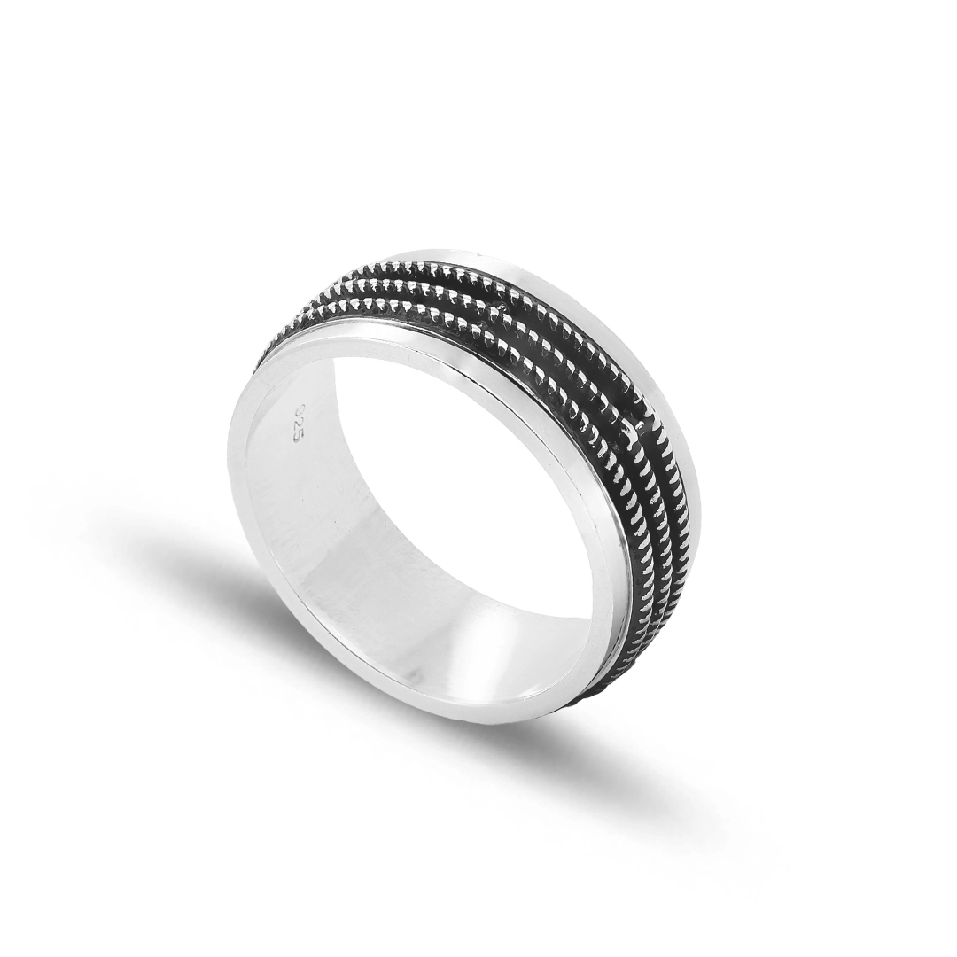 Anel De Prata Masculino Estilo Bali Trabalhado e Envelhecido