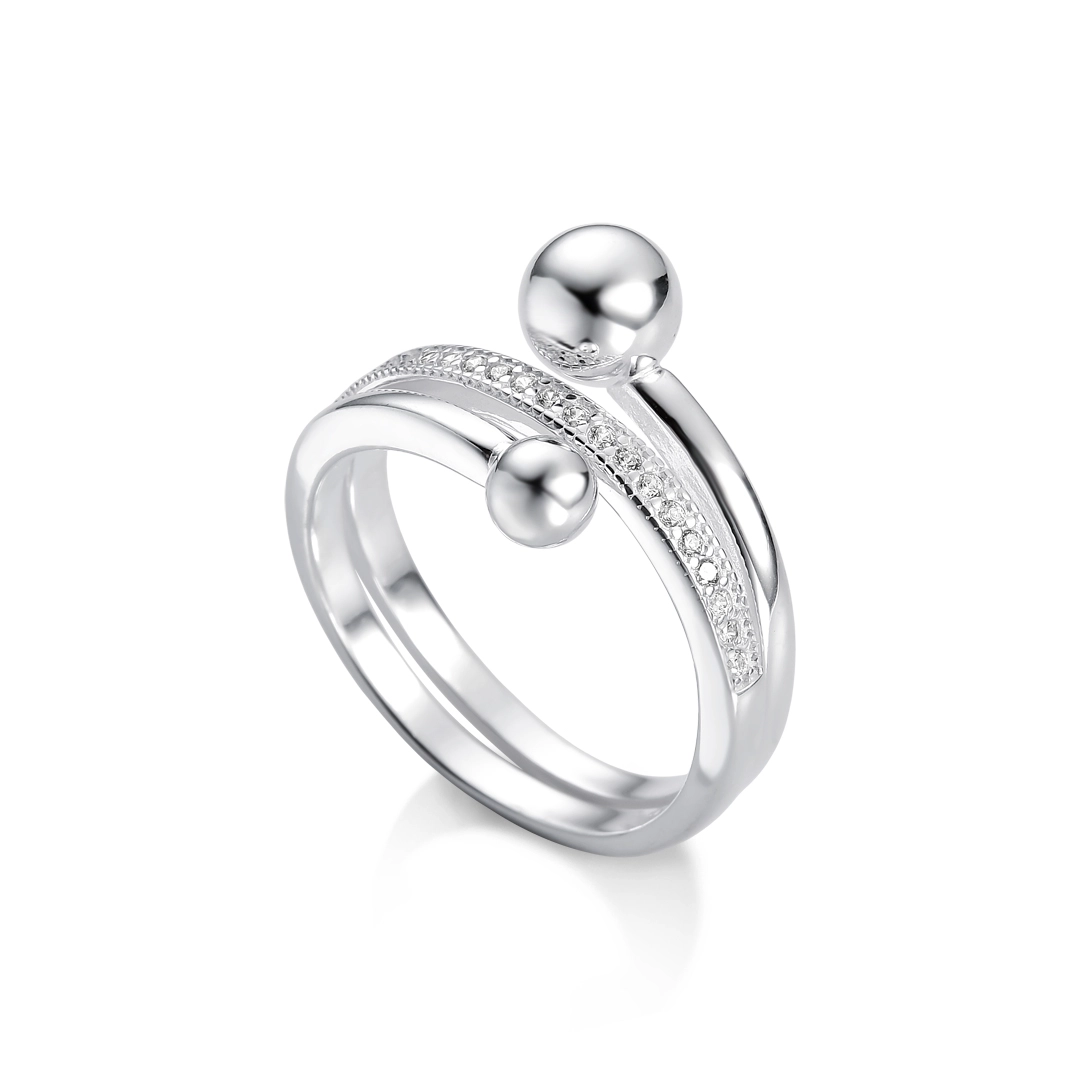 Anel De Prata Triplo com Esfera Espelhada e Zircônia Cristal