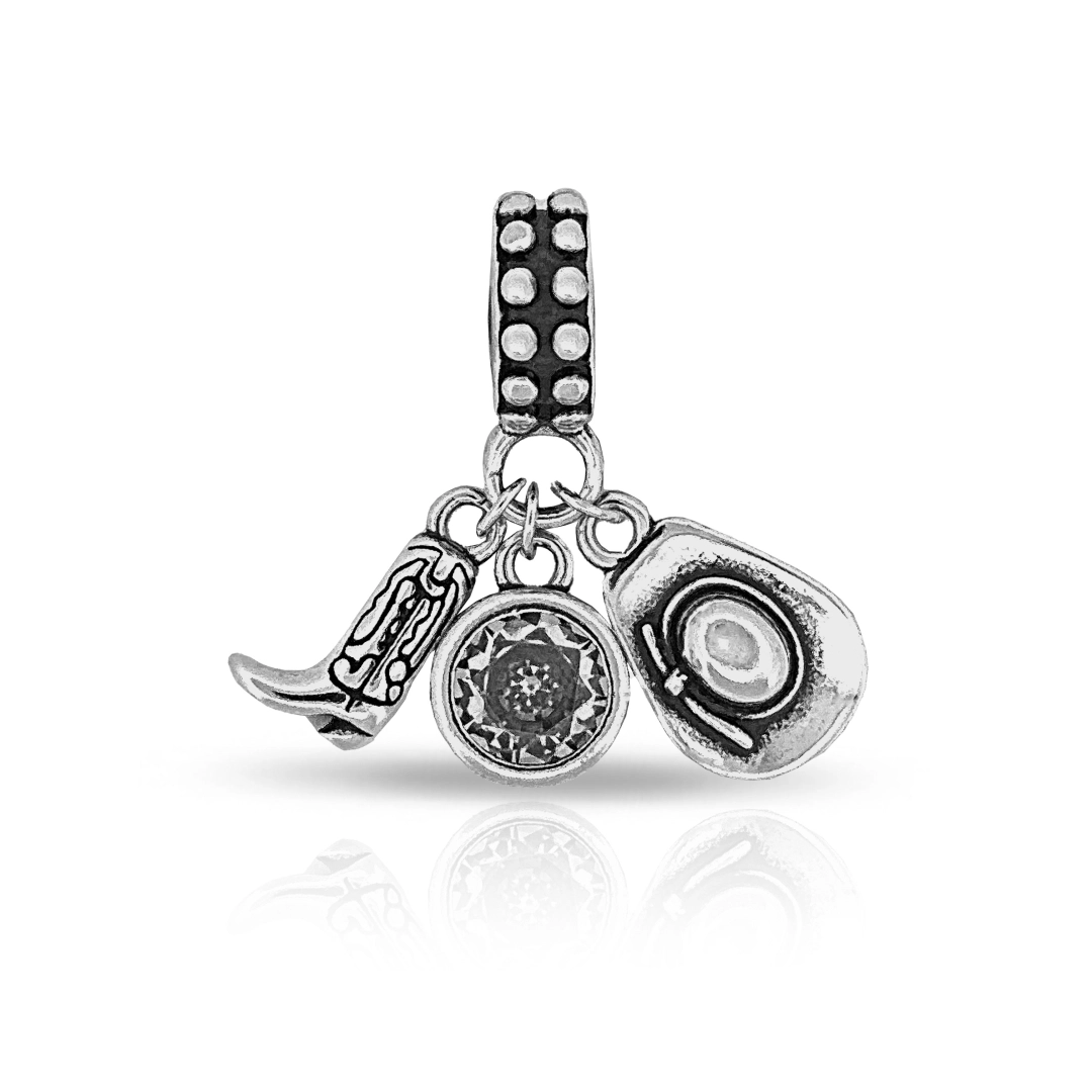 Berloque de Prata Balanço com Bota, Chapéu e Zircônia Cristal