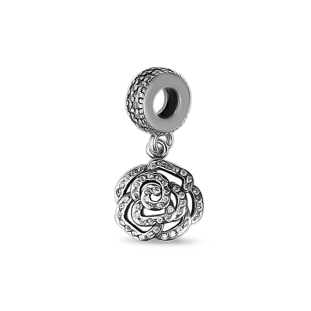 Berloque de Prata Balanço com Flor Envelhecida e Zircônia Cristal