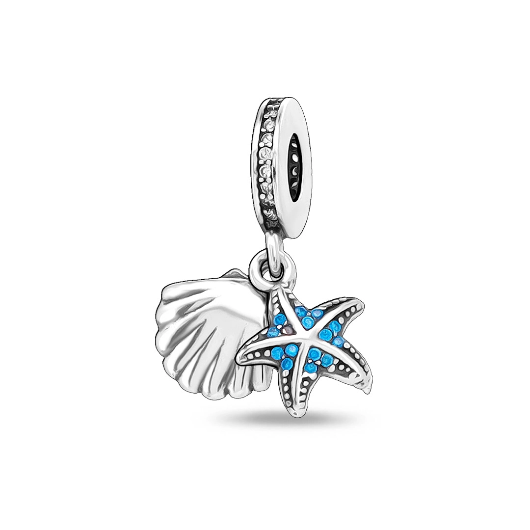 Berloque de Prata com Concha e Estrela do Mar com Zircônia Topázio