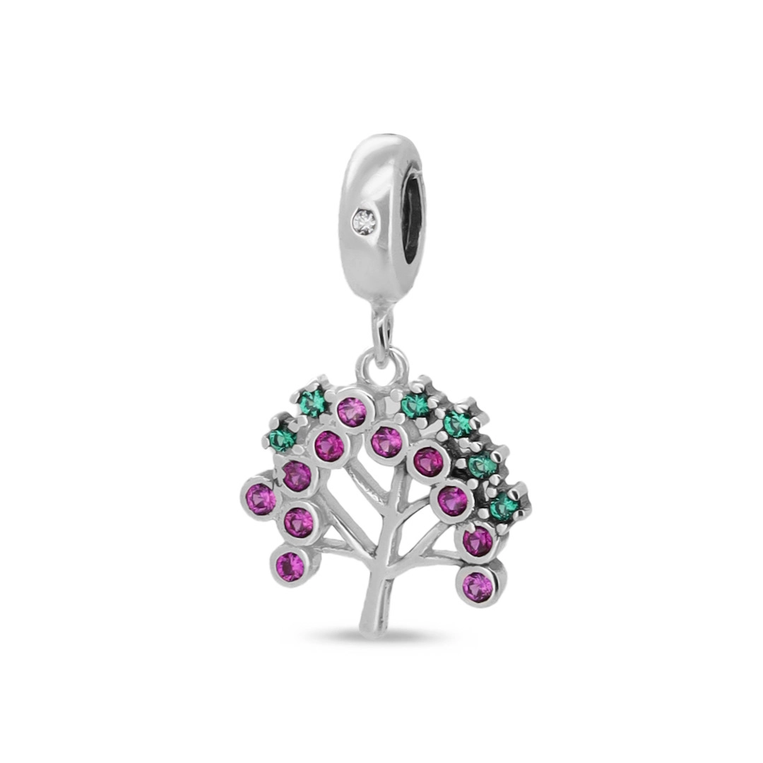 Berloque de Prata com Árvore da Vida, Zircônia Rubi e Zircônia Esmeralda