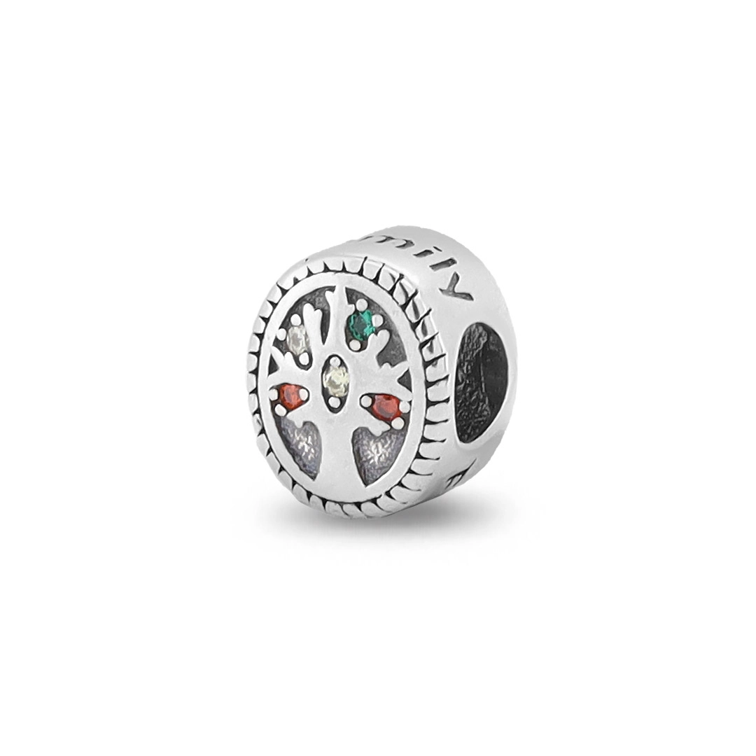 Berloque de Prata Envelhecido Oval com Árvore da Vida e Zircônias Coloridas