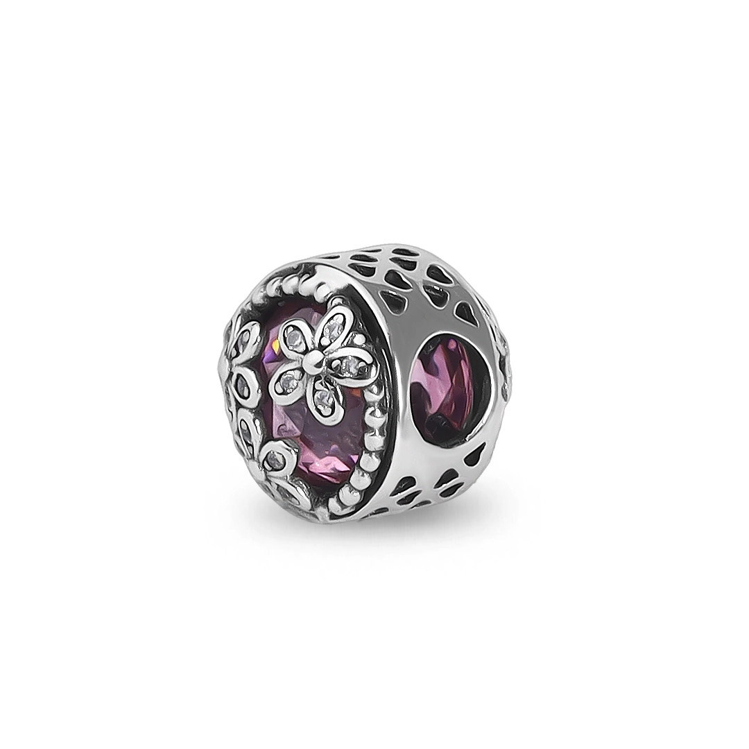 Berloque de Prata Envelhecido Redondo com Resina Rosa e Zircônia Cristal