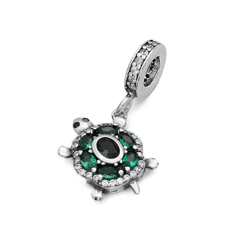Berloque de Prata Symbol Balanço Tartaruga Envelhecida com Zircônia Esmeralda