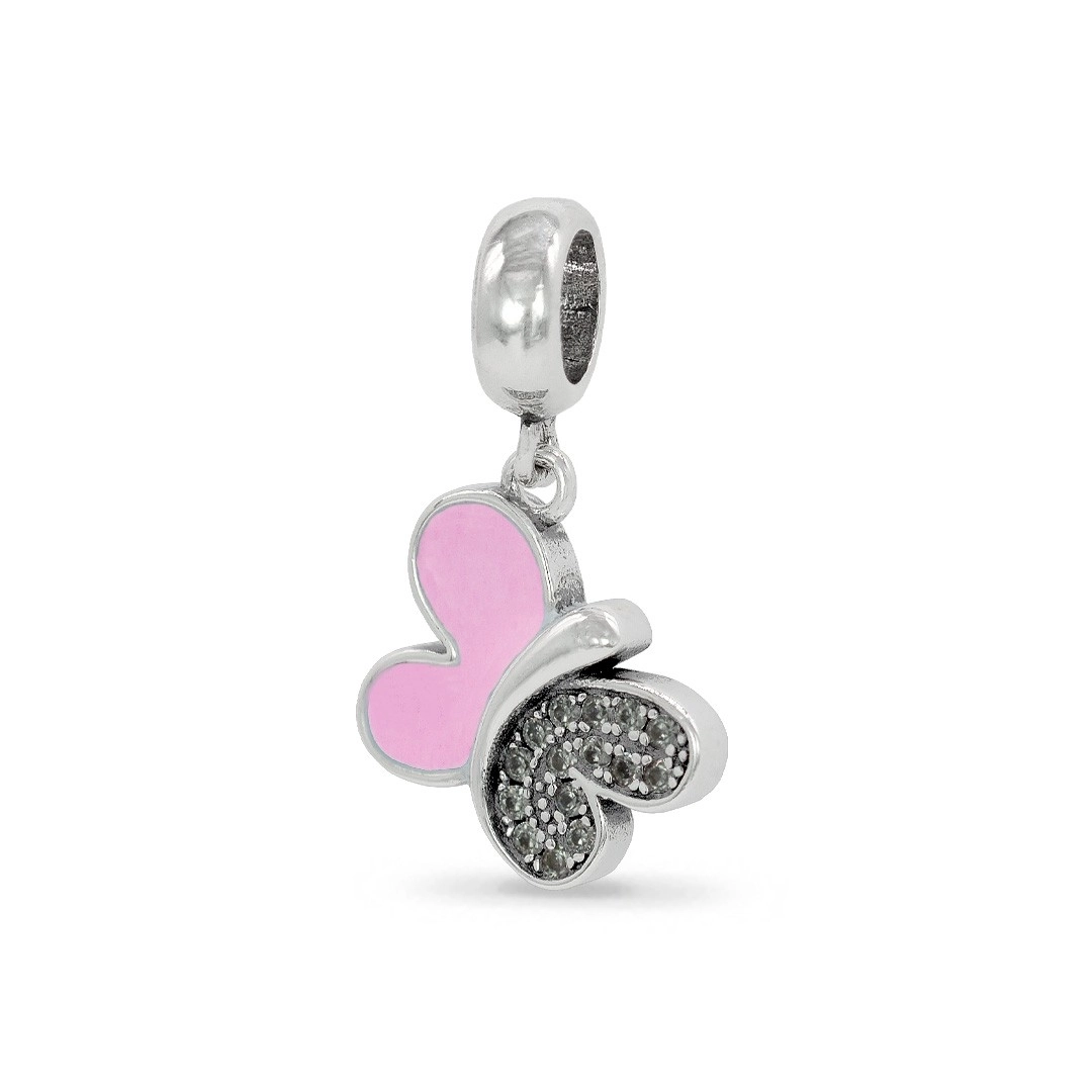 Berloque de Prata Borbolela com Resina Rosa e Zircônia Cristal