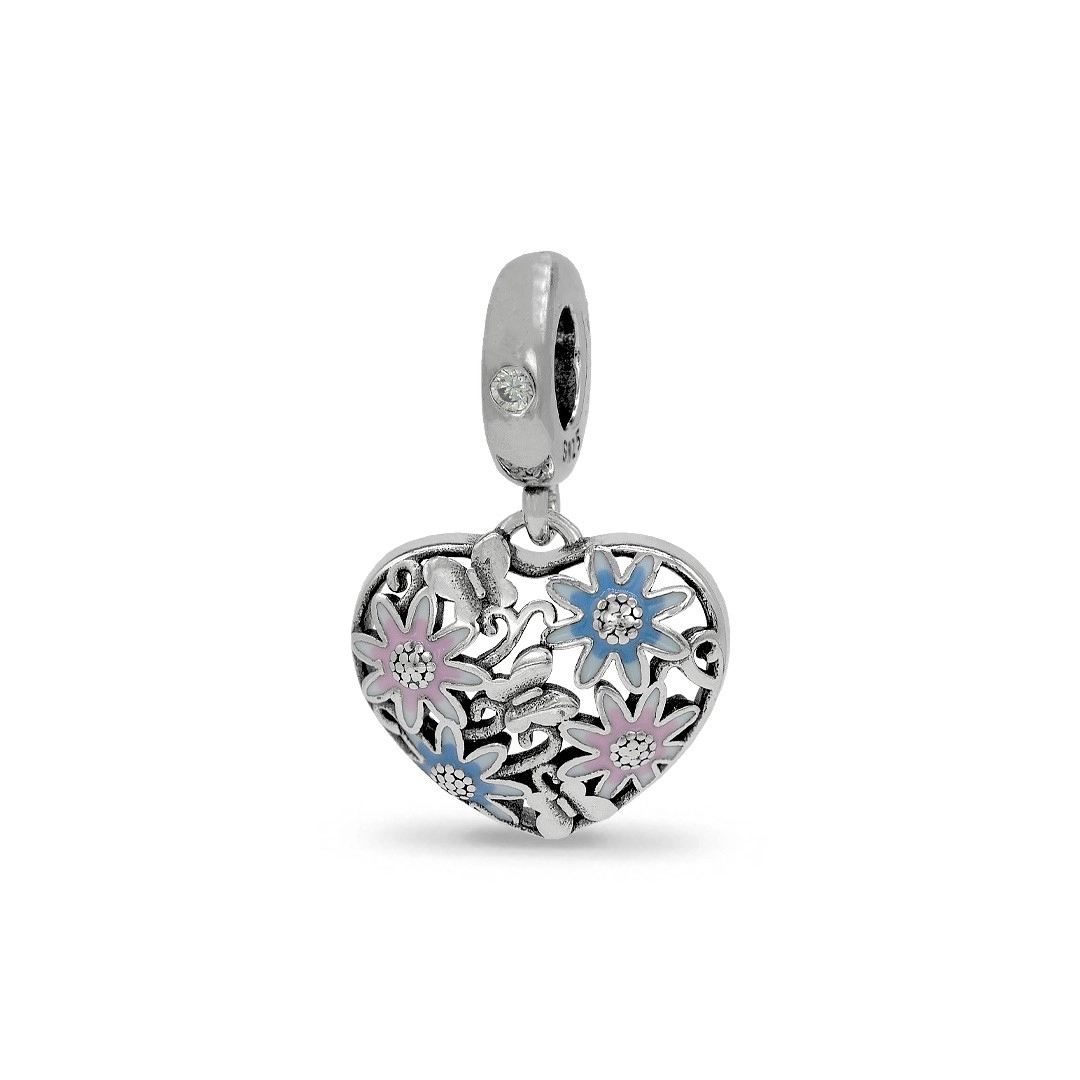 Berloque de Prata  Coração com Flor Esmaltada Rosa e Azul