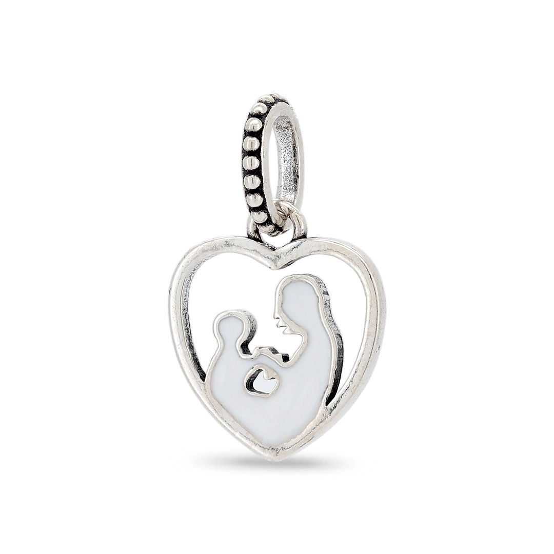 Berloque De Prata Coração Com Mãe e Filho e Resina Branca