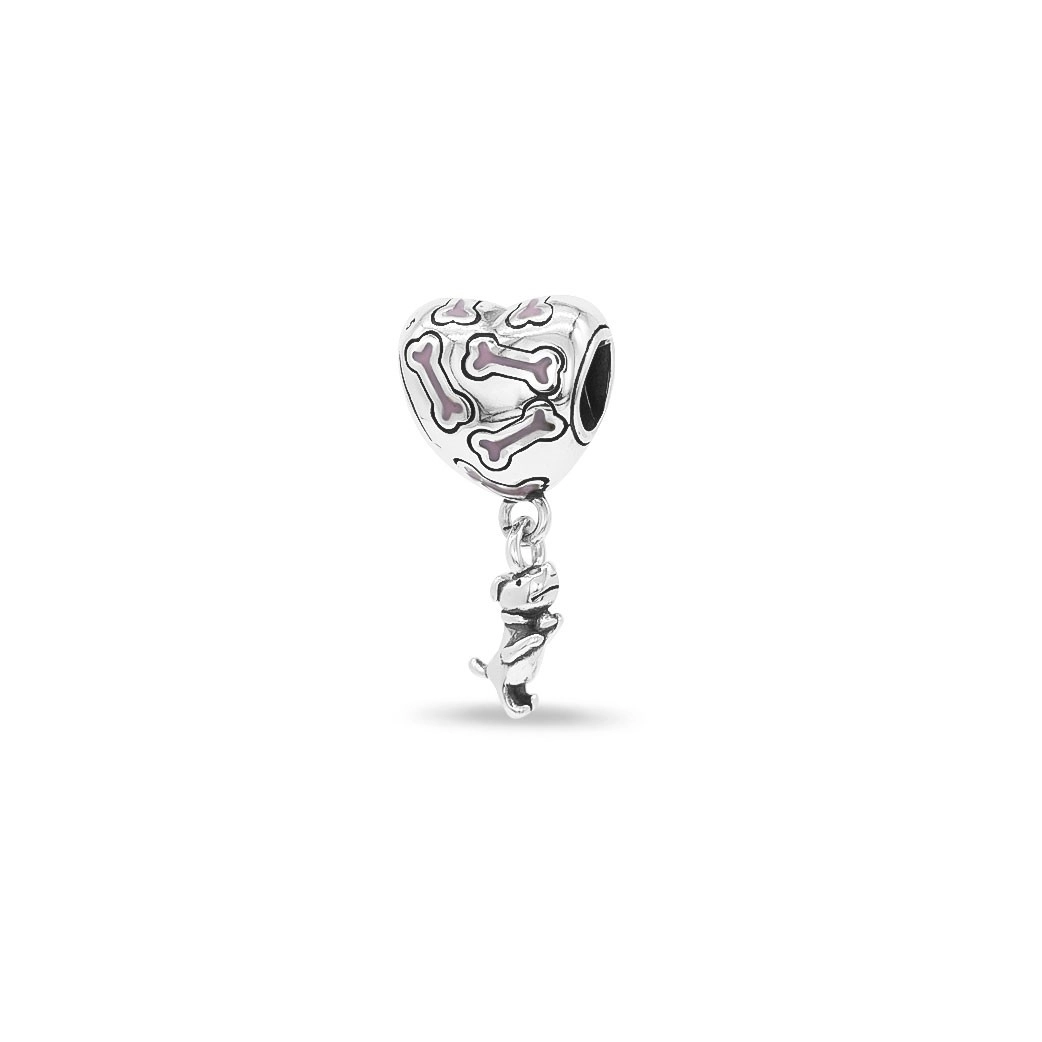 Berloque de Prata Coração com Osso e Pingente de Cachorro