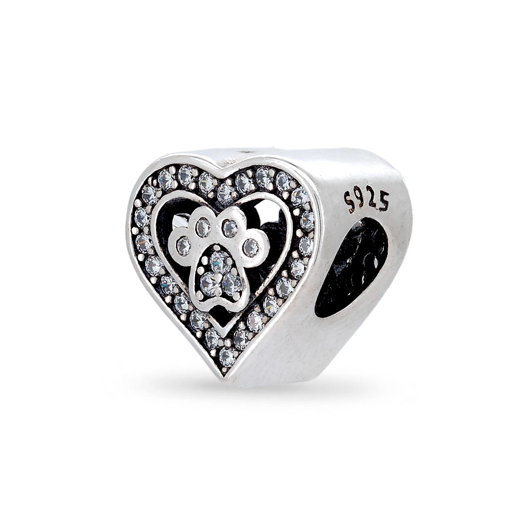 Berloque De Prata  Coração Com Pata E Zircônias Cristal