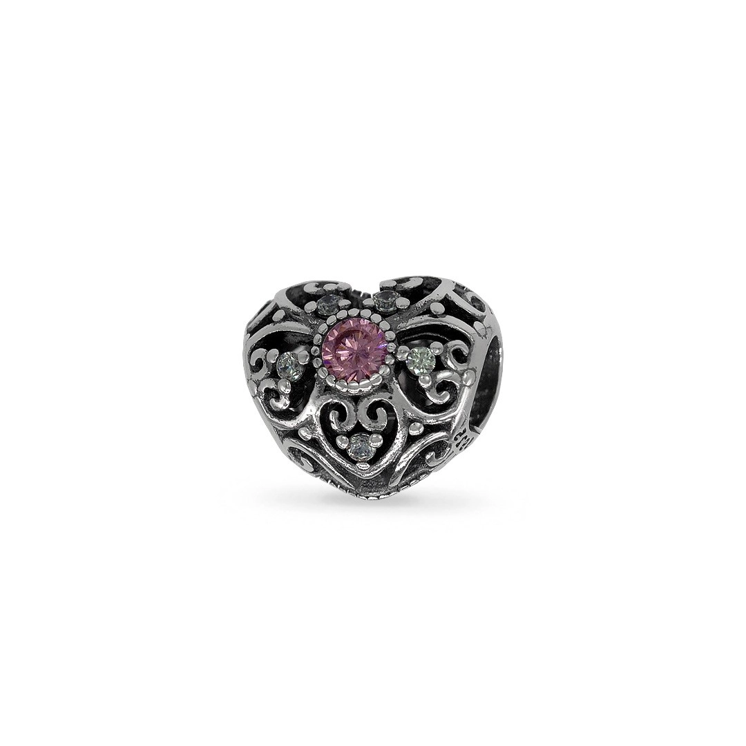 Berloque de Prata Coração com Zircônia Rosa