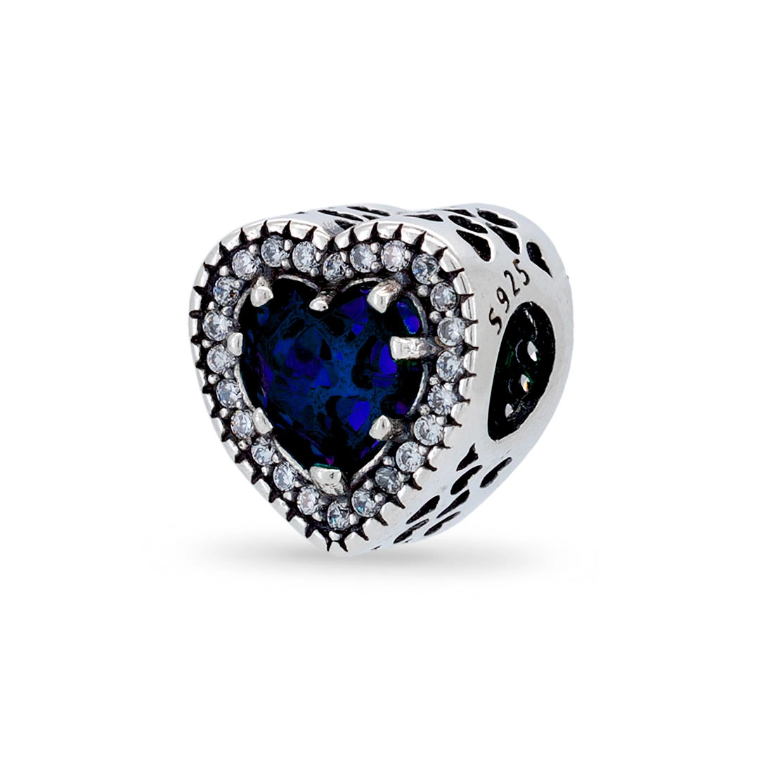 Berloque De Prata Coração Com Zircônia Safira e Zircônia Cristal