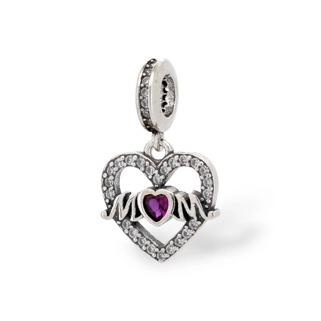 Berloque De Prata Coração Com Zircônias Rubi e Zircônia Cristal