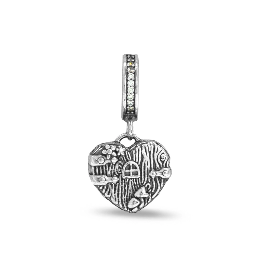 Berloque de Prata Estilo Relicário Coração com Zircônia Cristal