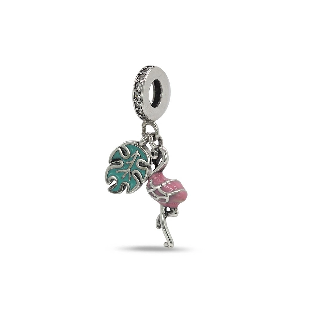 Berloque de Prata  Flamingo Rosa e Verde Esmaltado