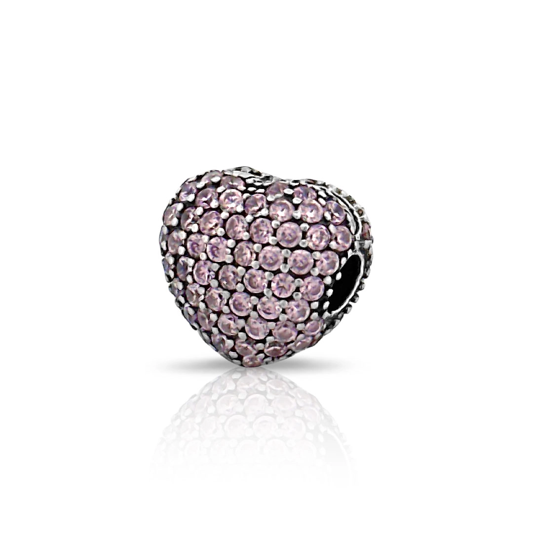 Berloque de Prata Trava de Coração com Zircônias Rosa Cravejadas