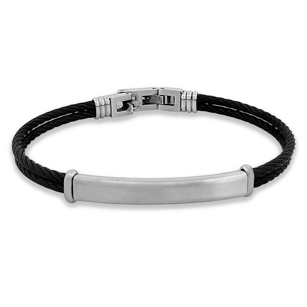 Bracelete de Aço com Cabo Náutico Duplo Preto e Placa Fosca