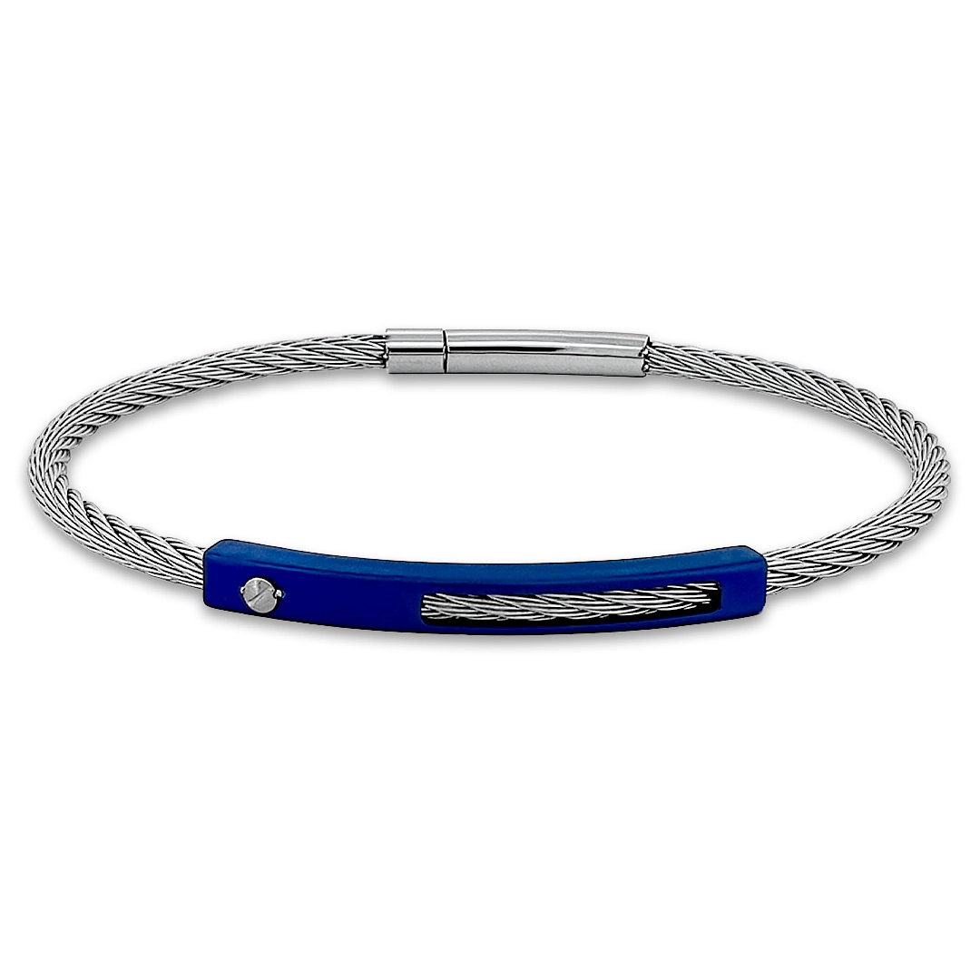 Bracelete de Aço Cabo Náutico Com Placa Fosca Fibra de Carbono Azul