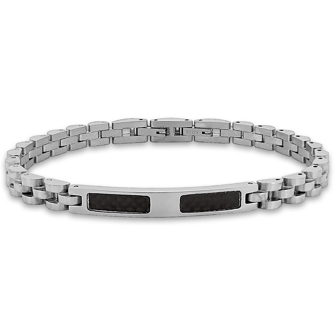 Bracelete de Aço com Elos Espelhados e Placa Fibra de Carbono