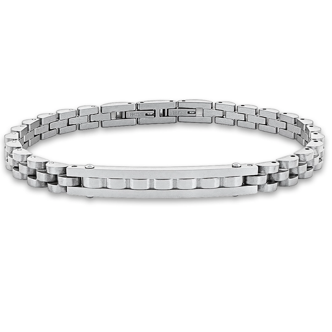 Bracelete de Aço com Elos Espelhados e Placa Trabalhada