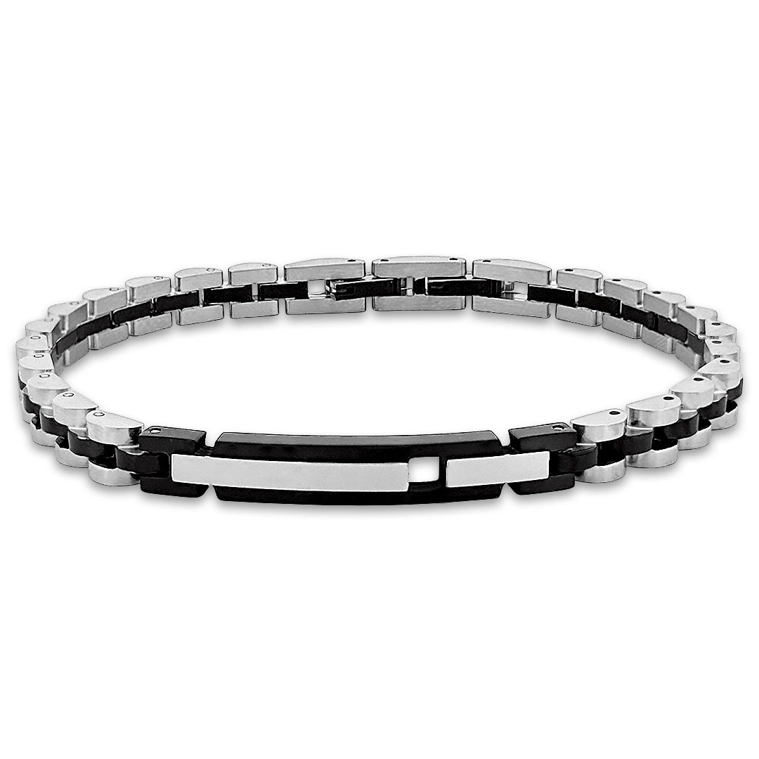 Bracelete de Aço com Elos trabalhados e Placa Espelhada