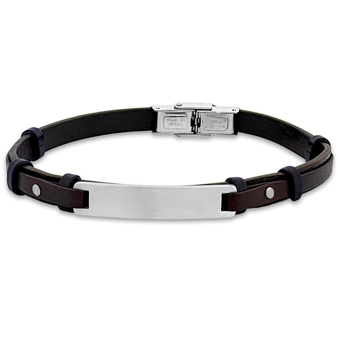 Bracelete de Aço em Couro Marrom Com Placa Fosca