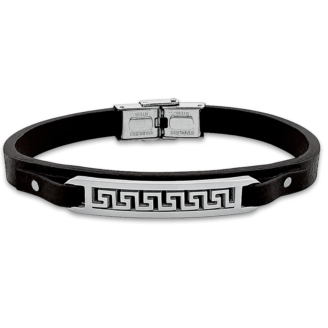 Bracelete de Aço em Couro Preto Com Placa Trabalhada
