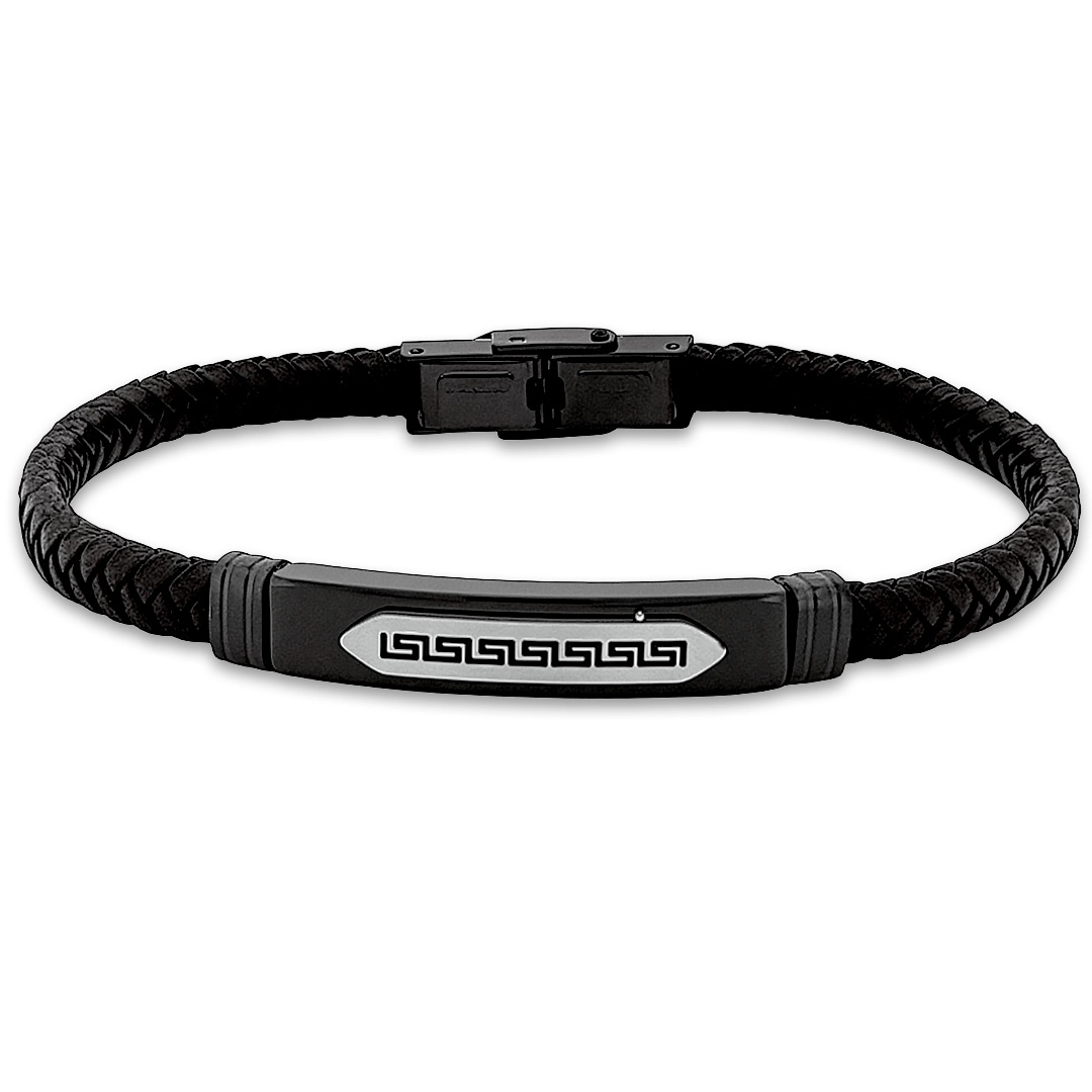 Bracelete de Aço em Couro Preto Trançado Com Placa Fibra de carbono