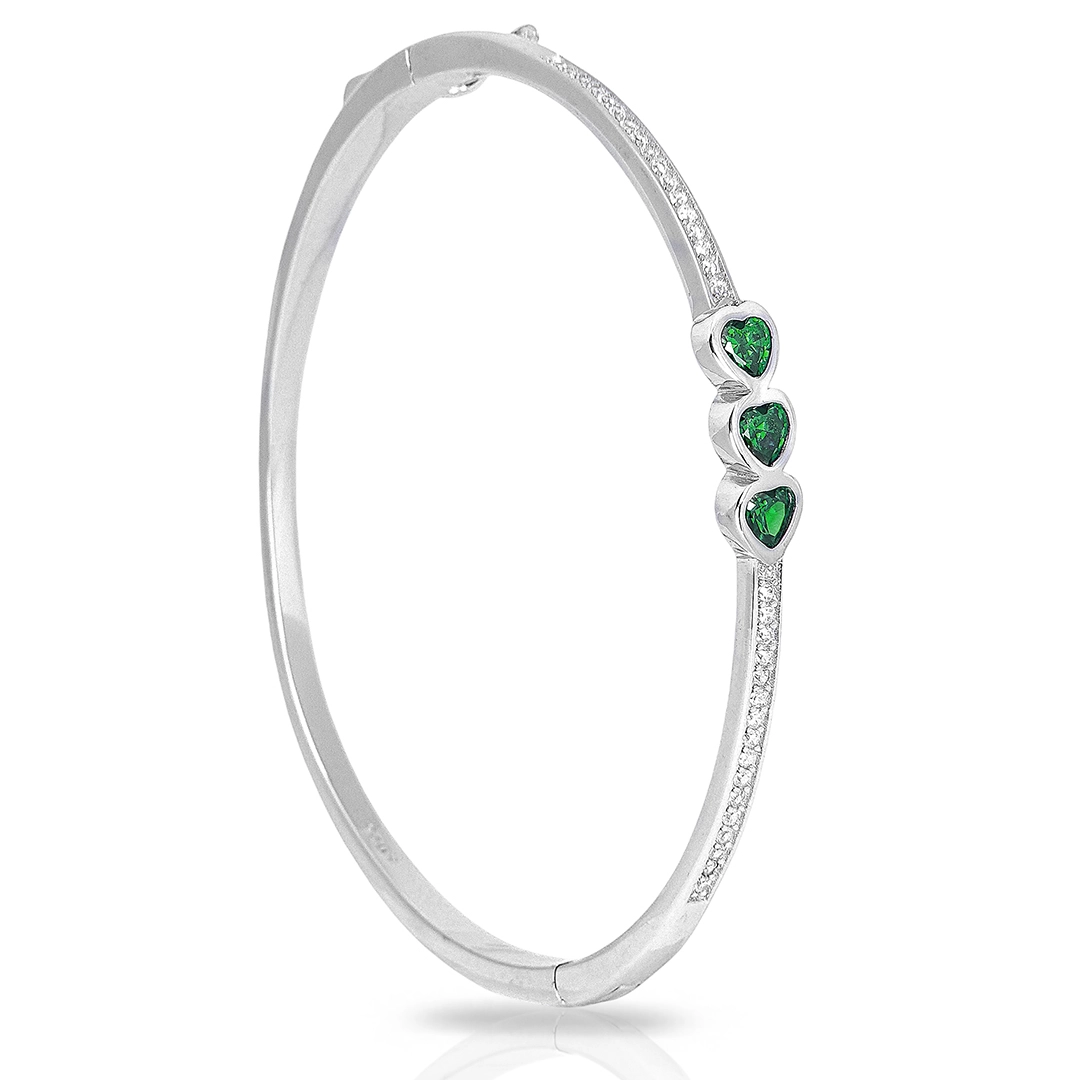 Bracelete de Prata Blend Collection Articulado com  Corações de Zircônias Esmeralda