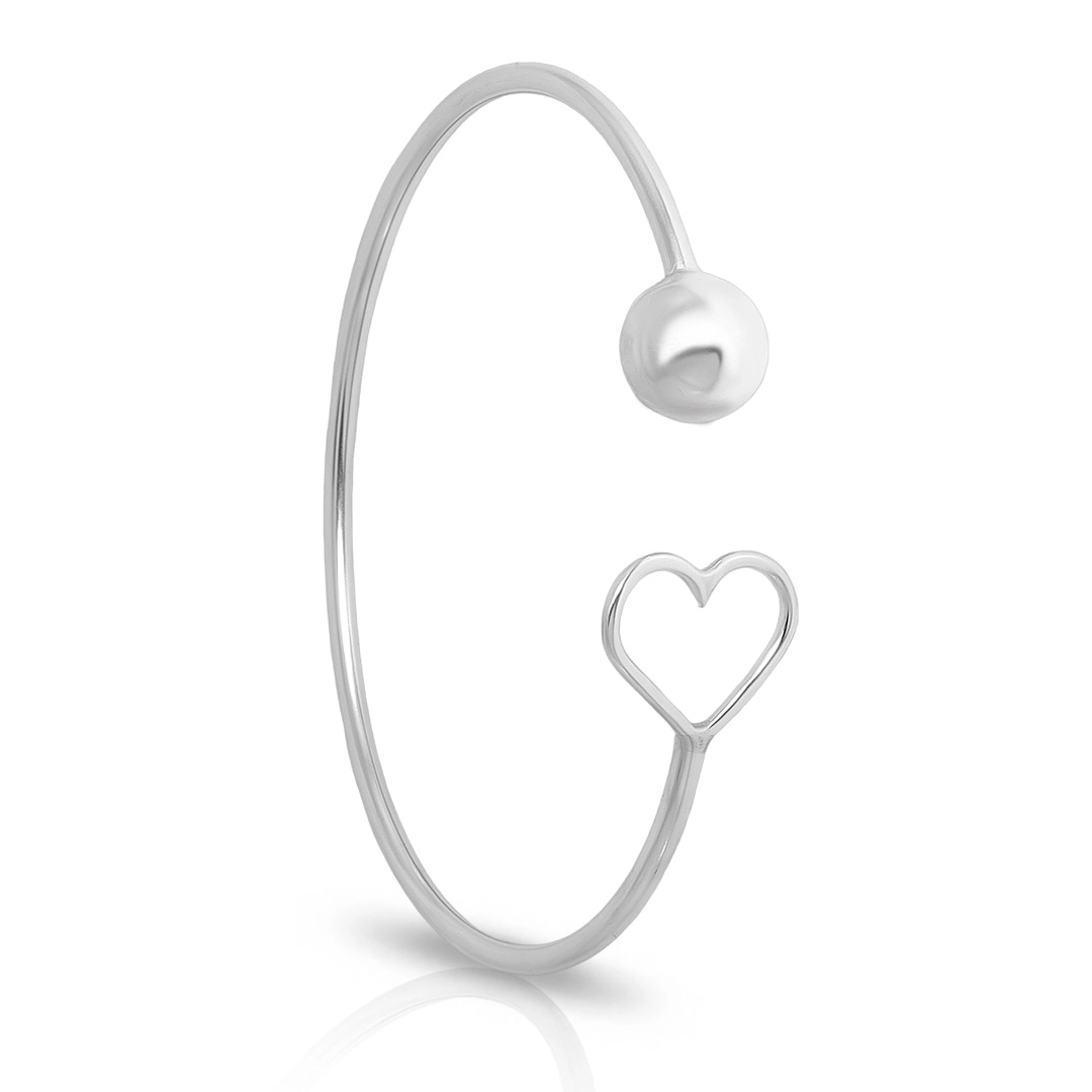 Bracelete de Prata Coração Vazado e Esfera Espelhada