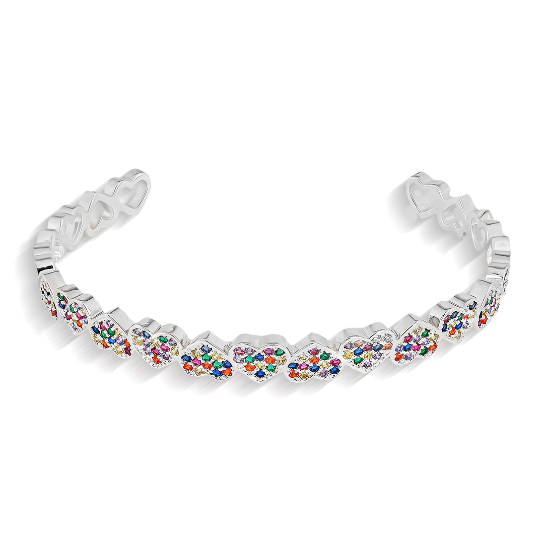 Bracelete Em Prata Leve Aberto Com Corações Cravejados e Zircônias Coloridas