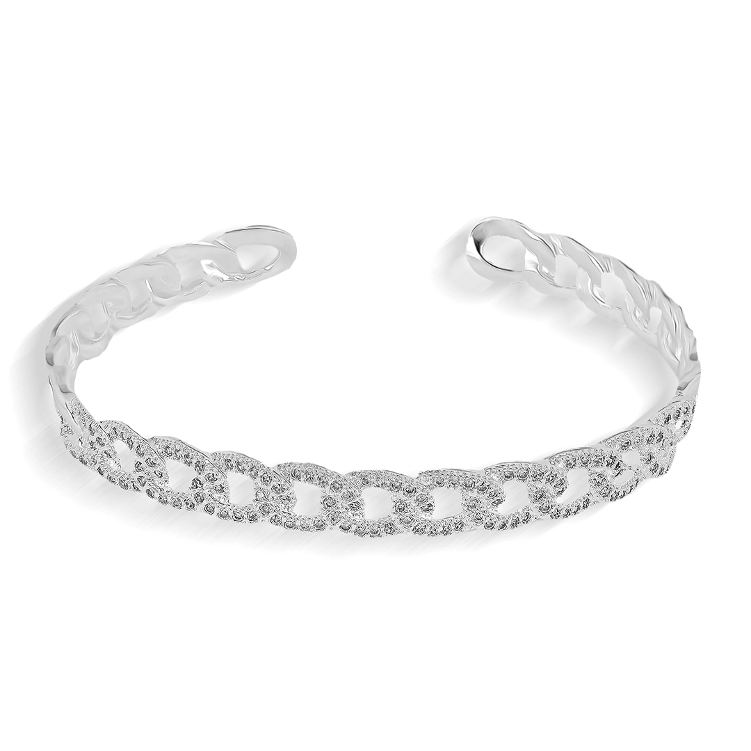 Bracelete Em Prata Leve Aberto Com Elos Cravejados de Zircônias Cristal