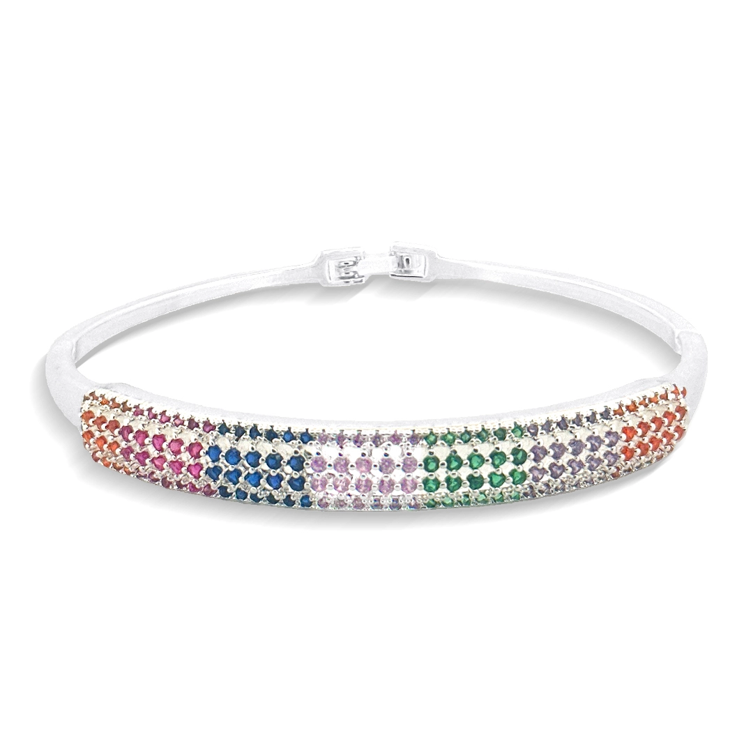 Bracelete Em Prata Leve Articulado Com Zircônias Coloridas Cravejadas