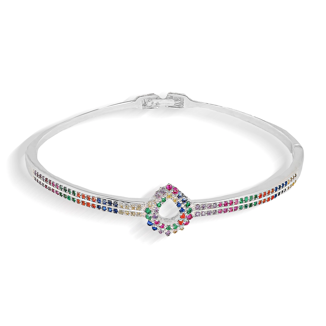 Bracelete Em Prata Leve Articulado Gota Vazada e Zircônias Coloridas
