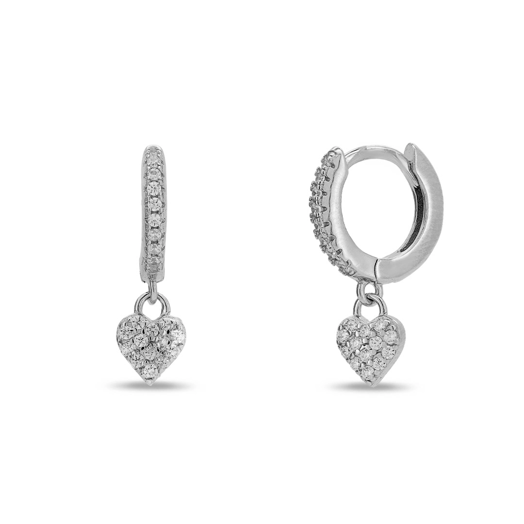 Brinco De Prata Argola Clic com Coração e Zircônia Cristal