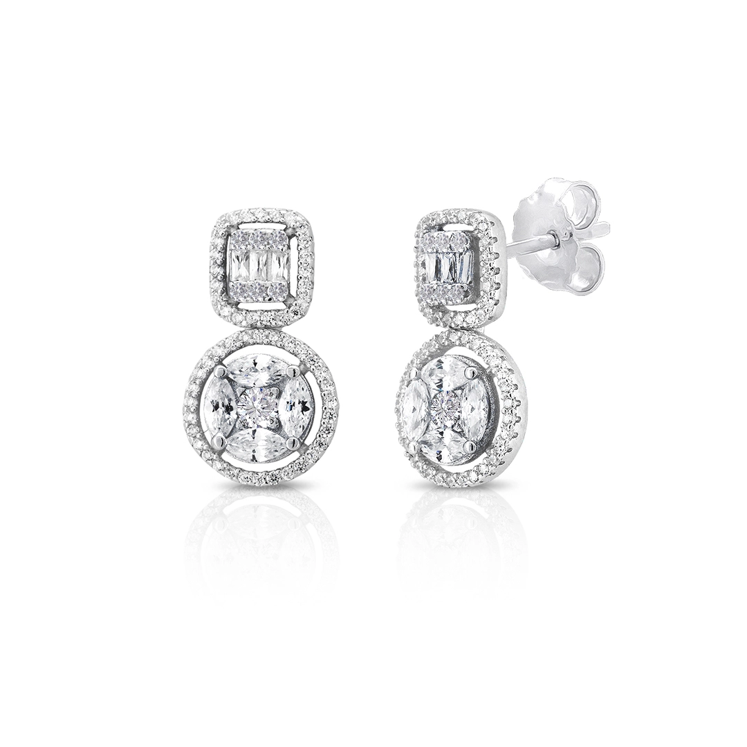 Brinco de Prata Balanço Blend Collection com Zircônias Cristal Quadrada e Redonda