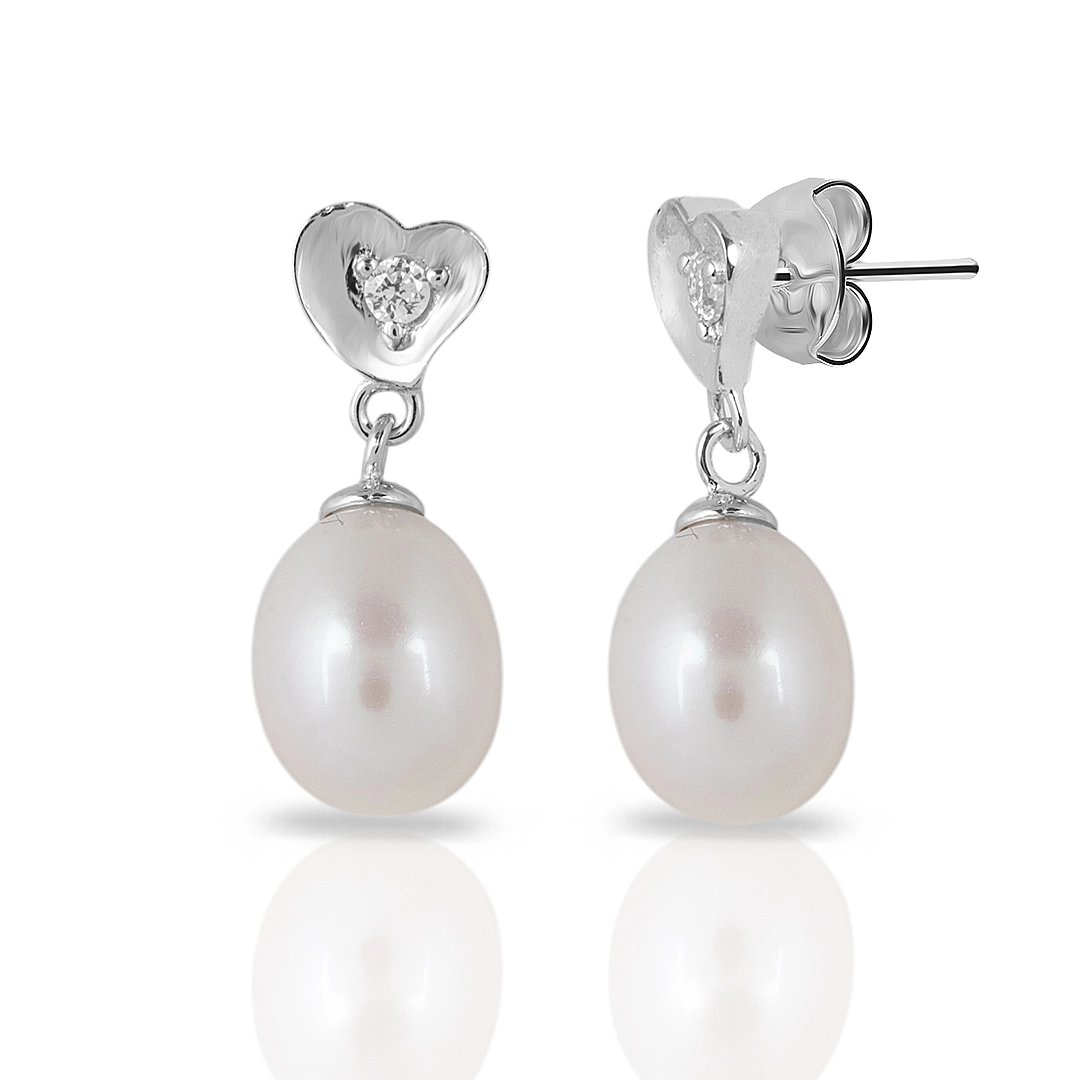 Brinco de Prata Balanço com Pérola Biwa e Coração Com Zircônias Cristal
