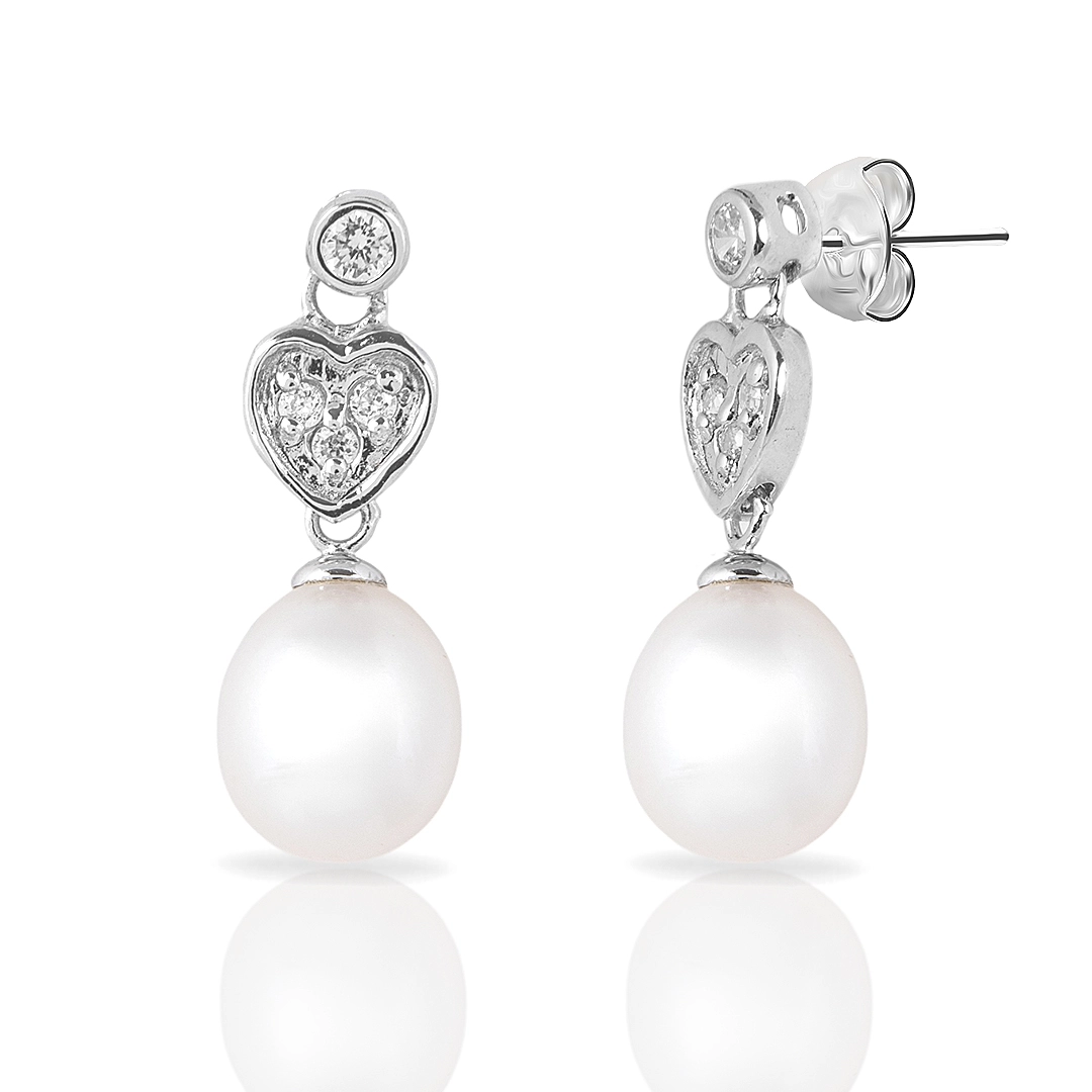 Brinco de Prata Balanço com Pérola Biwa e Coração Com Zircônias Cristal