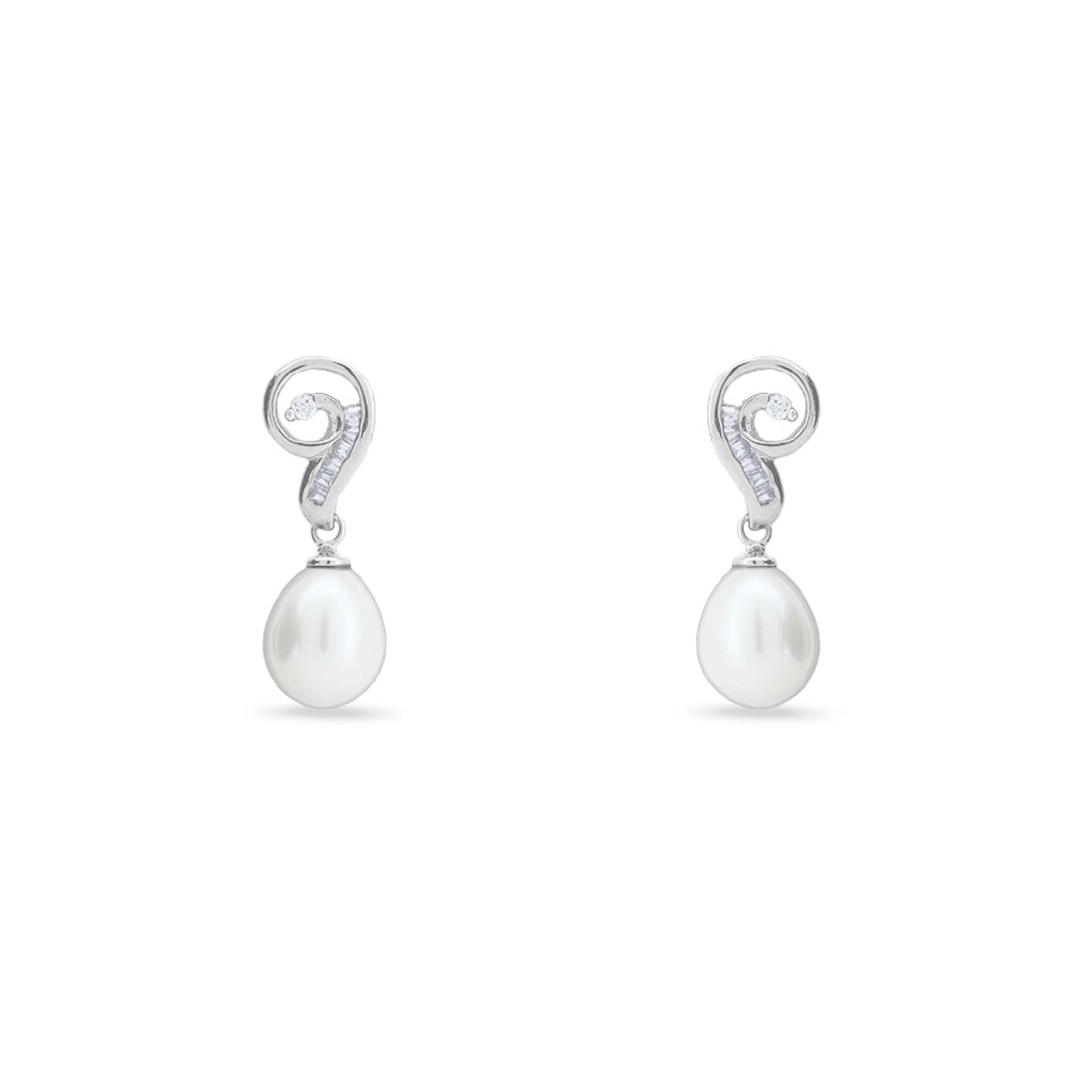 Brinco De Prata Balanço Com Pérola Biwa E Zircônia Cristal