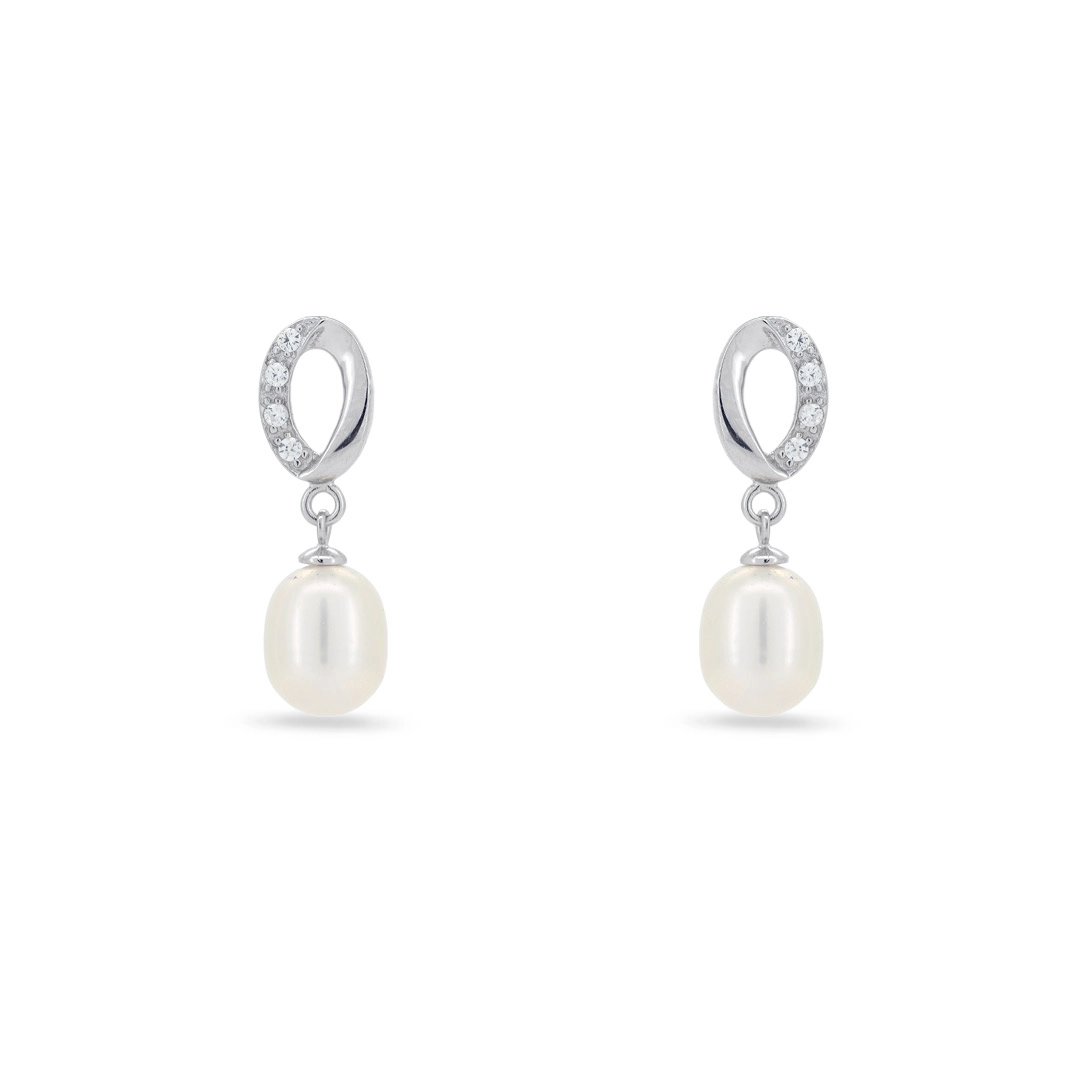 Brinco De Prata Balanço Com Pérola Biwa E Zircônia Cristal