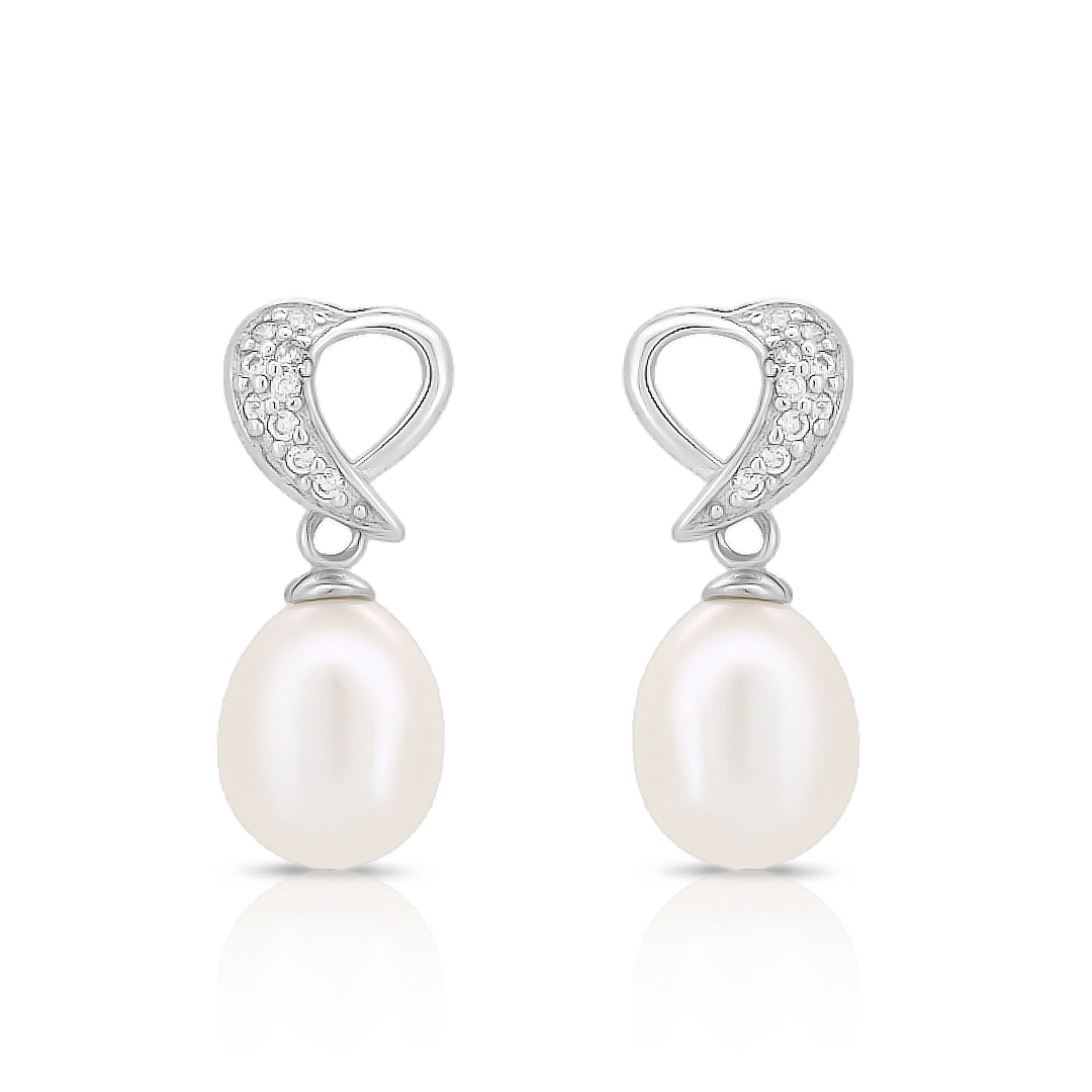 Brinco de Prata Balanço Coração com Zircônia Cristal e Pérola Biwa
