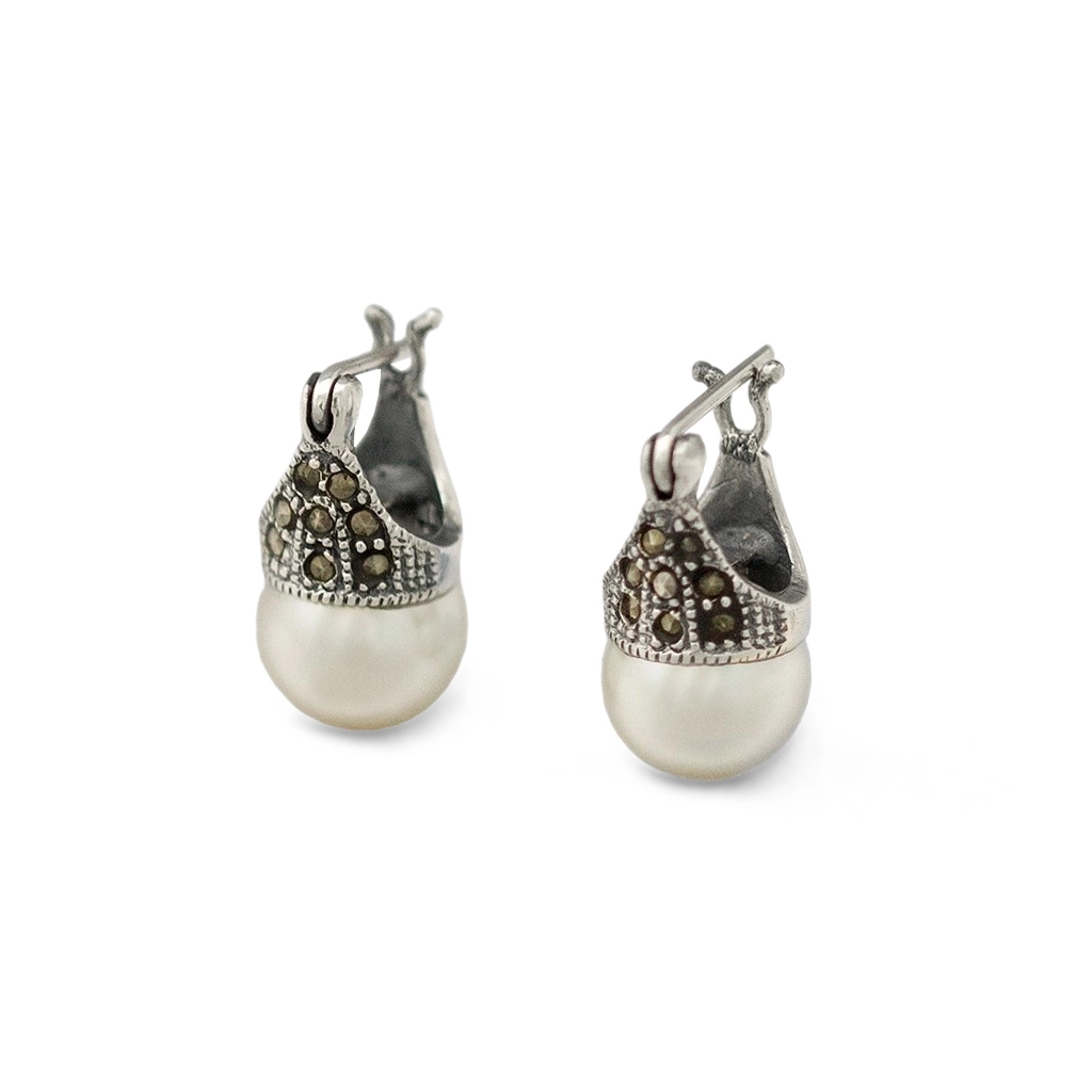 Brinco de Prata Lady Di com Marcassitas e Pérola