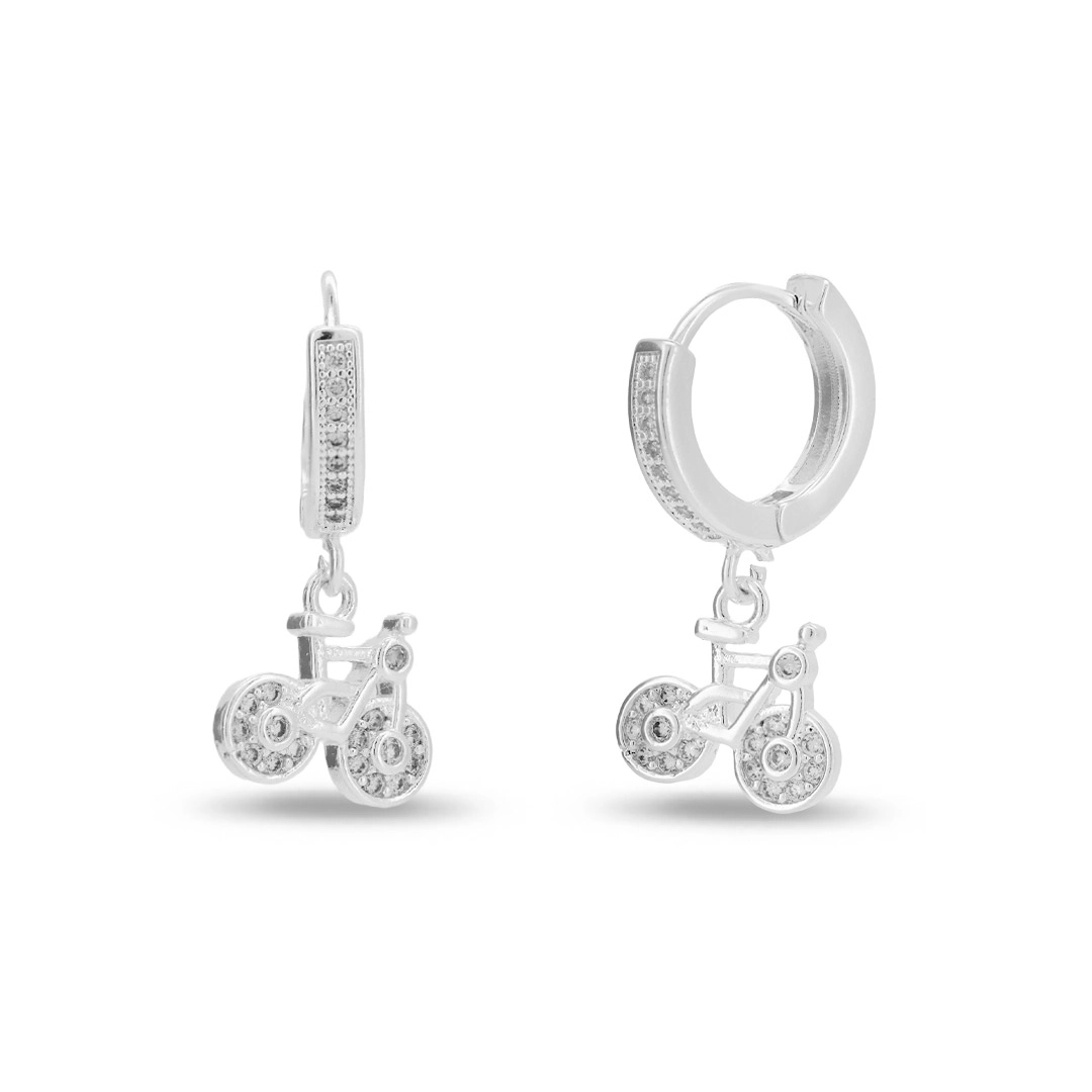 Brinco De Prata Leve Argola Clic com Bicicleta e Zircônia Cristal