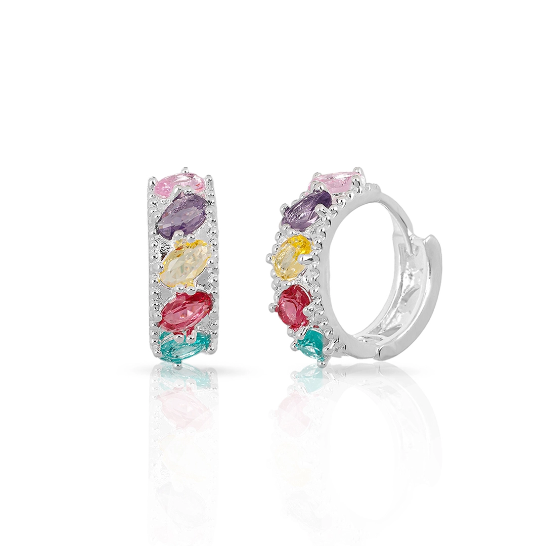 Brinco de Prata Leve Argola Clic com Cinco Zircônias Coloridas