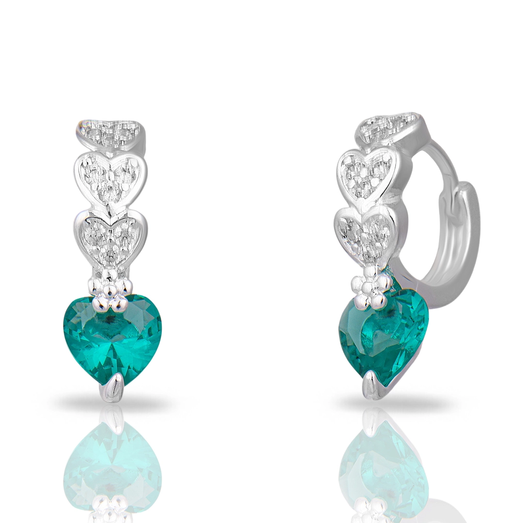 Brinco de Prata Leve Argola Clic com Corações em Zircônia Cristal e Verde Paraíba