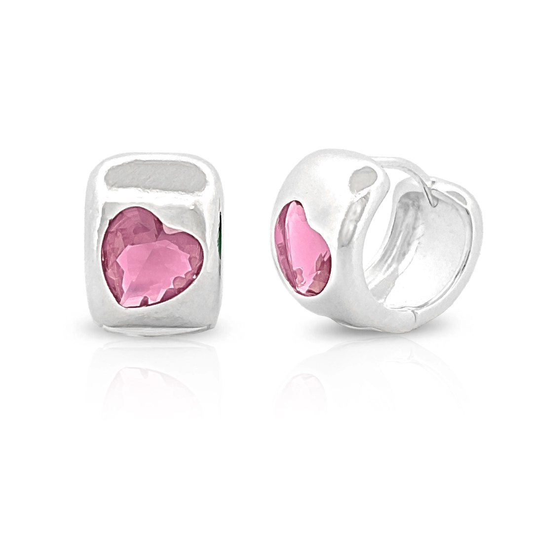 Brinco De Prata Leve Argola Clic com Zircônia Coração Rosa