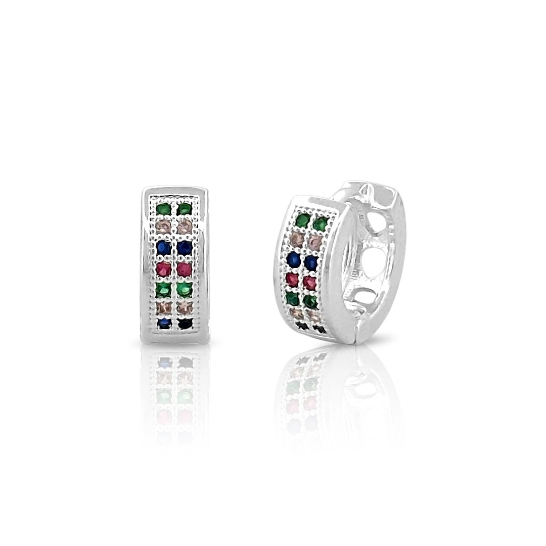 Brinco de Prata Leve Argola Clic com Zircônias Coloridas P